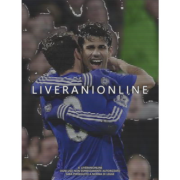 Chelsea\'s Diego Costa celebrates with Oscar after scoring his sides second goal Photographer Craig Mercer/CameraSport Football - Barclays Premiership - Chelsea v Newcastle United - Saturday 10th January 2015 - Stamford Bridge - London å© CameraSport - 43 Linden Ave. Countesthorpe. Leicester. England. LE8 5PG - Tel: +44 (0) 116 277 4147 - admin@camerasport.com - www.camerasport.com /AGENZIA ALDO LIVERANI SAS - ITALY ONLY - EDITORIAL USE ONLY