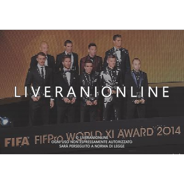 FIFA Ballon d\'Or 2014 Zurigo (Svizzera) - 12.01.2015 Nella Foto:La top 11 FIFA Robben,Neuer,Sergio Ramos,Di Maria,Lahm,Kroos,Iniesta,Messi,Ronaldo /Ph.Vitez-Ag. Aldo Liverani