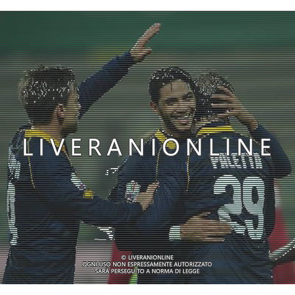 Coppa Italia TIM Cup 2014/2015 Ottavi di Finale Parma - 14.01.2015 Parma-Cagliari Nella Foto: esultanza dopo il gol di gabriel pallotta con mendes e galloppa /Ph.Vitez-Ag. Aldo Liverani