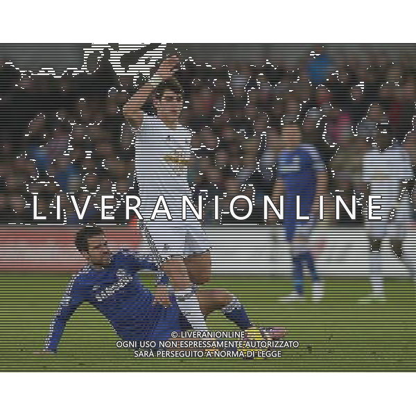 Chelsea\'s Cesc Fabregas vies for possession with Swansea City\'s Miguel Nelson Oliveira Photographer /Ashley CrowdenCameraSport Football - Barclays Premiership - Swansea City v Chelsea - Saturday 17th January 2015 - Liberty Stadium - Swansea © CameraSport - 43 Linden Ave. Countesthorpe. Leicester. England. LE8 5PG - Tel: +44 (0) 116 277 4147 - admin@camerasport.com - www.camerasport.com AG ALDO LIVERANI SAS ONLY ITALY