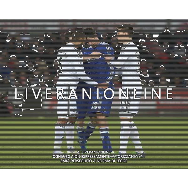 Swansea City\'s Ashley Williams and Chelsea\'s Diego Costa have a heated exchange Photographer /Ashley CrowdenCameraSport Football - Barclays Premiership - Swansea City v Chelsea - Saturday 17th January 2015 - Liberty Stadium - Swansea © CameraSport - 43 Linden Ave. Countesthorpe. Leicester. England. LE8 5PG - Tel: +44 (0) 116 277 4147 - admin@camerasport.com - www.camerasport.com AG ALDO LIVERANI SAS ONLY ITALY