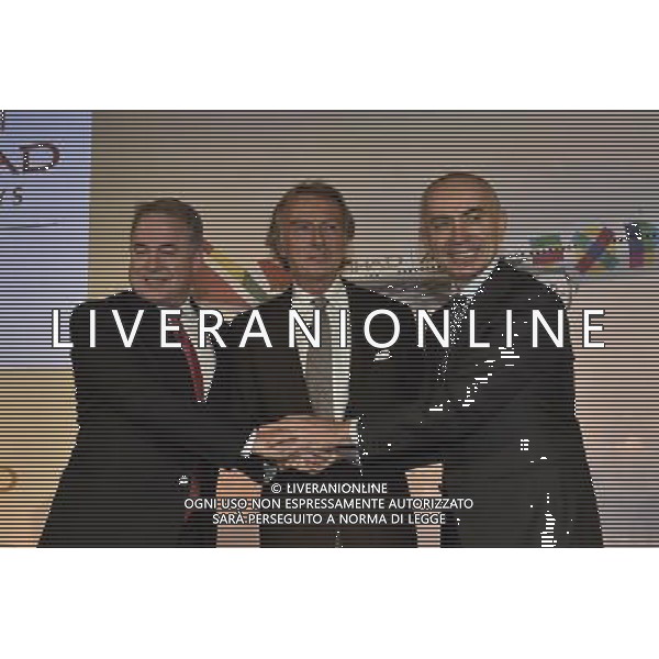Conferenza stampa per la celebrazione del lancio della nuova Alitalia Hotel St. Regis Rome - Roma 20 gennaio 2015 nella foto: Luca Cordero di Montezemolo,Êpresidente Alitalia, Silvano Cassano, amministratore delegato di Alitalia, James Hogan, presidente e Ceo di Etihad aviation group e vice presidente di Alitalia ©Corradetti/Agenzia Aldo Liverani Sas 