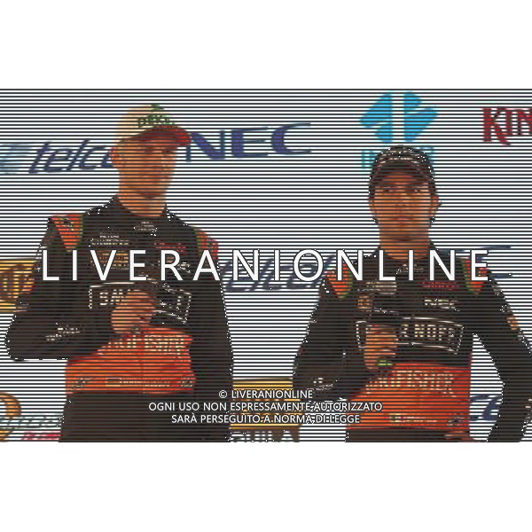 (L to R): Nico Hulkenberg (GER) Sahara Force India F1 with team mate Sergio Perez (MEX) Sahara Force India F1. 21.01.2015. Force India F1 Team Livery Reveal, Soumaya Museum, Mexico City, Mexico. - www.xpbimages.com, EMail: requests@xpbimages.com - copy of publication required for printed pictures. Every used picture is fee-liable. © Copyright: Moy / XPB Images AG ALDO LIVERANI SAS ONLY ITALY