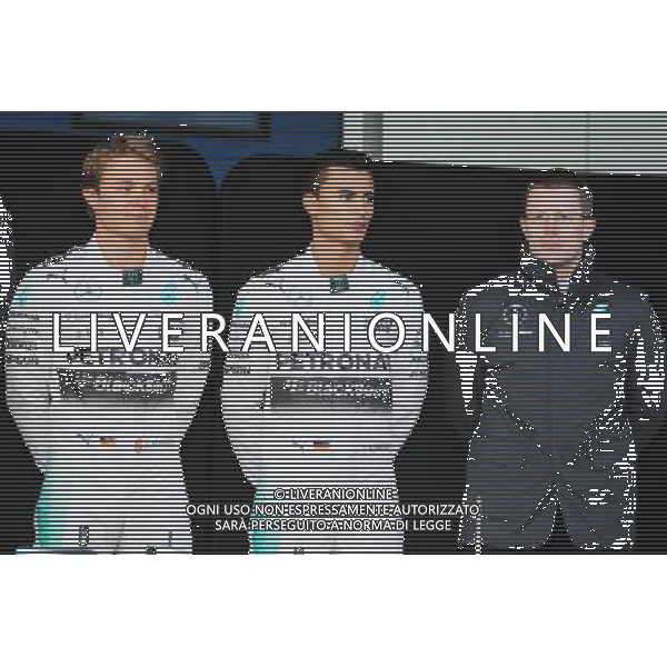 (L to R): Nico Rosberg (GER) Mercedes AMG F1; Pascal Wehrlein (GER) Mercedes AMG F1 Reserve Driver; Andy Cowell (GBR) Mercedes-Benz High Performance Powertrains Managing Director. 01.02.2015. Formula One Testing, Day One, Jerez, Spain. AG ALDO LIVERANI SAS ONLY ITALY