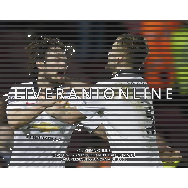 Manchester United\'s Daley Blind (left) celebrates scoring his sides equalising goal to make the score 1-1, with Manchester United\'s Luke Shaw Photographer Craig Mercer/CameraSport Football - Barclays Premiership - West Ham United v Manchester United - Sunday 8th February 2015 - Boleyn Ground - London © CameraSport - 43 Linden Ave. Countesthorpe. Leicester. England. LE8 5PG - Tel: +44 (0) 116 277 4147 - admin@camerasport.com - www.camerasport.com /Agenzia Aldo Liverani Sas - ITALY ONLY - EDITORIAL USE ONLY
