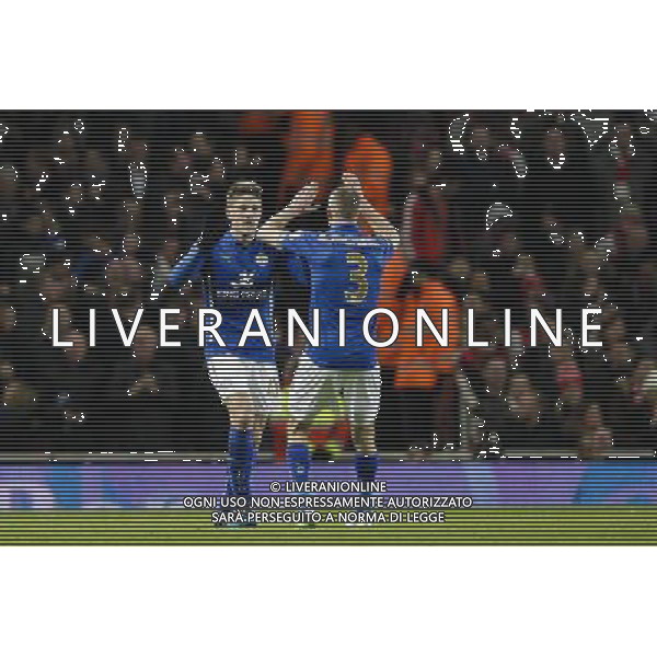 Leicester City\'s new signing Andrej Kramaric (left) celebrates scoring his sides first goal with Paul Konchesky to make the score 2-1 Photographer Craig Mercer/CameraSport Football - Barclays Premiership - Arsenal v Leicester City - Tuesday 10th February 2015 - Emirates Stadium - London © CameraSport - 43 Linden Ave. Countesthorpe. Leicester. England. LE8 5PG - Tel: +44 (0) 116 277 4147 - admin@camerasport.com - www.camerasport.com AG ALDO LIVERANI SAS ONLY ITALY