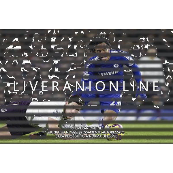 Chelsea\'s Juan Cuadrado is fouled by Everton\'s Gareth Barry, for which the latter receives a yellow card Photographer Craig Mercer/CameraSport Football - Barclays Premiership - Chelsea v Everton - Wednesday 11th February 2015 - Stamford Bridge - London © CameraSport - 43 Linden Ave. Countesthorpe. Leicester. England. LE8 5PG - Tel: +44 (0) 116 277 4147 - admin@camerasport.com - www.camerasport.com AG ALDO LIVERANI SAS ONLY ITALY