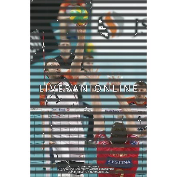 12.02.2015 Jastrzebie Zdroj sport siatkowka mezczyzn Liga Mistrzow 2015 , 2015 CEV DenizBank Volleyball Champions League - Men . Jastrzebski Wegiel (biale) - Sir Safety Perugia (czerwone) n/z. Michal Lasko . Fot. Tomasz Wantula / EDYTOR.net/NEWSPIX.PL --- Newspix.pl /Agenzia Aldo Liverani sas - ITALY ONLY - EDITORIAL USE ONLY *** Local Caption *** www.newspix.pl mail us: info@newspix.pl call us: 0048 022 23 22 222 --- Polish Picture Agency by Ringier Axel Springer Poland