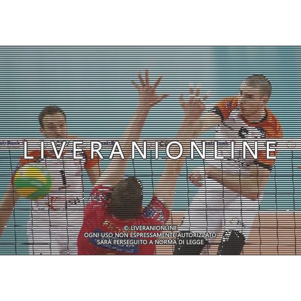 12.02.2015 Jastrzebie Zdroj sport siatkowka mezczyzn Liga Mistrzow 2015 , 2015 CEV DenizBank Volleyball Champions League - Men . Jastrzebski Wegiel (biale) - Sir Safety Perugia (czerwone) n/z. Michal Lasko , Alen Pajenk . Fot. Tomasz Wantula / EDYTOR.net/NEWSPIX.PL --- Newspix.pl /Agenzia Aldo Liverani sas - ITALY ONLY - EDITORIAL USE ONLY *** Local Caption *** www.newspix.pl mail us: info@newspix.pl call us: 0048 022 23 22 222 --- Polish Picture Agency by Ringier Axel Springer Poland
