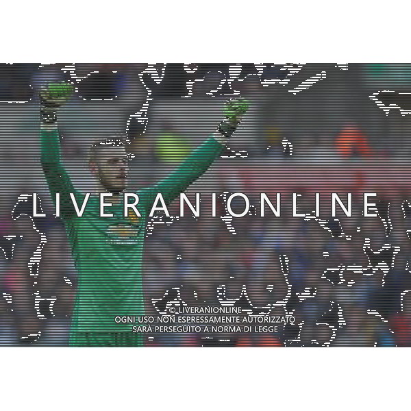 Manchester United\'s David De Gea celebrates Ander Herrera\'s (not in frame) goal Photographer Ashley Crowden/CameraSport Football - Barclays Premiership - Swansea City v Manchester United - Saturday 21st February 2015 - Liberty Stadium - Swansea © CameraSport - 43 Linden Ave. Countesthorpe. Leicester. England. LE8 5PG - Tel: +44 (0) 116 277 4147 - admin@camerasport.com - www.camerasport.com AG ALDO LIVERANI SAS ONLY ITALY