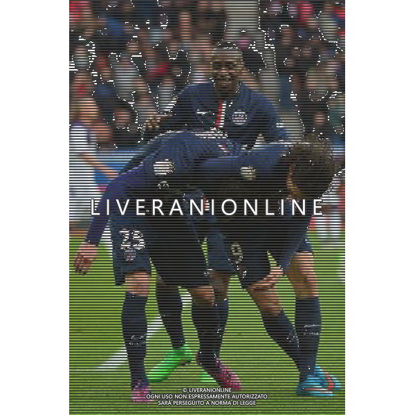 Joie Adrien RABIOT / Edinson CAVANI / Blaise MATUIDI - 21.02.2015 - PSG / Toulouse - 26eme journee de Ligue1 Photo : Winterpress / Icon Sport AG ALDO LIVERANI SAS ONLY ITALY *** Local Caption ***