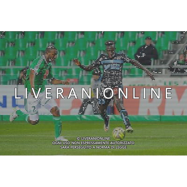 Kevin THEOPHILE CATHERINE / Benjamin MENDY - 22.02.2015 - Saint Etienne / Marseille - 26eme journee de Ligue1 Photo : Jean Paul Thomas / Icon Sport AG ALDO LIVERANI SAS ONLY ITALY