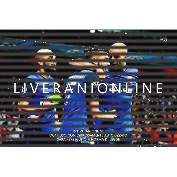 Joie Yannick FERREIRA CARRASCO / Aymen ABDENNOUR / Layvin KURZAWA - 25.02.2015 - Arsenal / Monaco - 1/8Finale Champions League Photo : Winter Press / Icon Sport AG ALDO LIVERANI SAS ONLY ITALY *** Local Caption ***