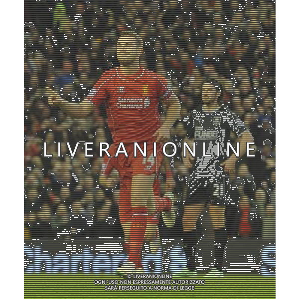 Liverpool\'s Jordan Henderson celebrates scoring his team\'s opening goal Photographer Dave Howarth/CameraSport Football - Barclays Premiership - Liverpool v Burnley - Wednesday 4th March 2015 - Anfield - Liverpool © CameraSport - 43 Linden Ave. Countesthorpe. Leicester. England. LE8 5PG - Tel: +44 (0) 116 277 4147 - admin@camerasport.com - www.camerasport.com /Agenzia Aldo Liverani sas - ITALY ONLY - EDITORIAL USE ONLY