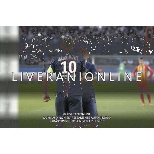 Zlatan Ibrahimovic / Marco Verratti - 07.03.2015 - PSG / Lens - 28eme journee de Ligue 1 Photo : Andre Ferreira / Icon Sport /Agenzia Aldo Liverani sas - ITALY ONLY - EDITORIAL USE ONLY