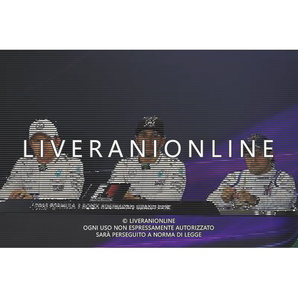 The qualifying top three FIA Press Conference (L to R): Nico Rosberg (GER) Mercedes AMG F1, second; Lewis Hamilton (GBR) Mercedes AMG F1, pole position; Felipe Massa (BRA) Williams, third. 14.03.2015. Formula 1 World Championship, Rd 1, Australian Grand Prix, Albert Park, Melbourne, Australia, Qualifying Day. AG ALDO LIVERANI SAS ONLY ITALY