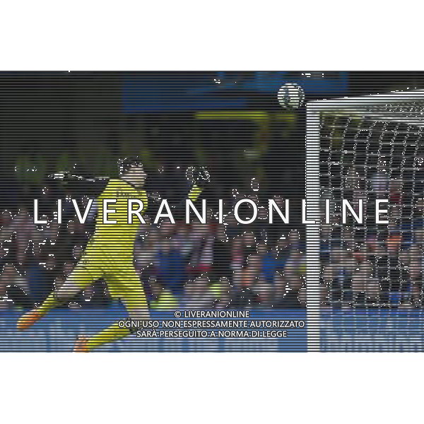 Chelsea\'s Thibaut Courtois is beaten by a long range strike by Stoke City\'s Charlie Adam to make the score 1-1 Photographer Craig Mercer/CameraSport Football - Barclays Premiership - Chelsea v Stoke City - Saturday 4th April 2015 - Stamford Bridge - London © CameraSport - 43 Linden Ave. Countesthorpe. Leicester. England. LE8 5PG - Tel: +44 (0) 116 277 4147 - admin@camerasport.com - www.camerasport.com