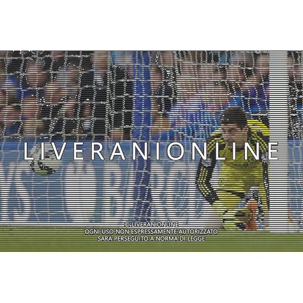 Chelsea\'s Thibaut Courtois is beaten by a long range strike by Stoke City\'s Charlie Adam to make the score 1-1 Photographer Craig Mercer/CameraSport Football - Barclays Premiership - Chelsea v Stoke City - Saturday 4th April 2015 - Stamford Bridge - London © CameraSport - 43 Linden Ave. Countesthorpe. Leicester. England. LE8 5PG - Tel: +44 (0) 116 277 4147 - admin@camerasport.com - www.camerasport.com