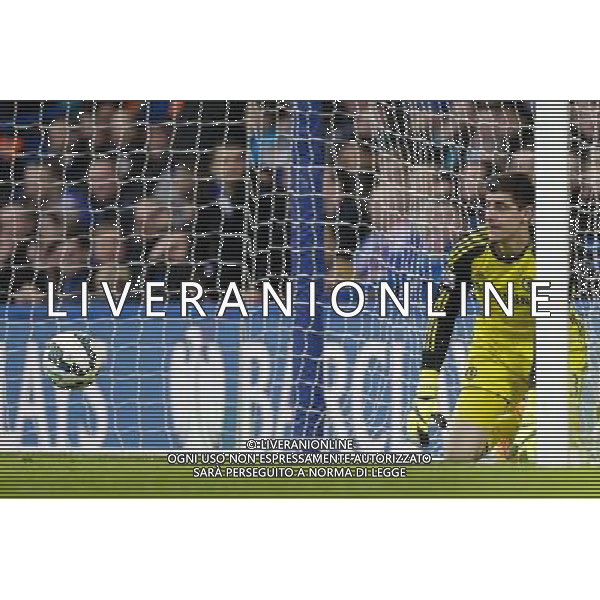 Chelsea\'s Thibaut Courtois is beaten by a long range strike by Stoke City\'s Charlie Adam to make the score 1-1 Photographer Craig Mercer/CameraSport Football - Barclays Premiership - Chelsea v Stoke City - Saturday 4th April 2015 - Stamford Bridge - London © CameraSport - 43 Linden Ave. Countesthorpe. Leicester. England. LE8 5PG - Tel: +44 (0) 116 277 4147 - admin@camerasport.com - www.camerasport.com