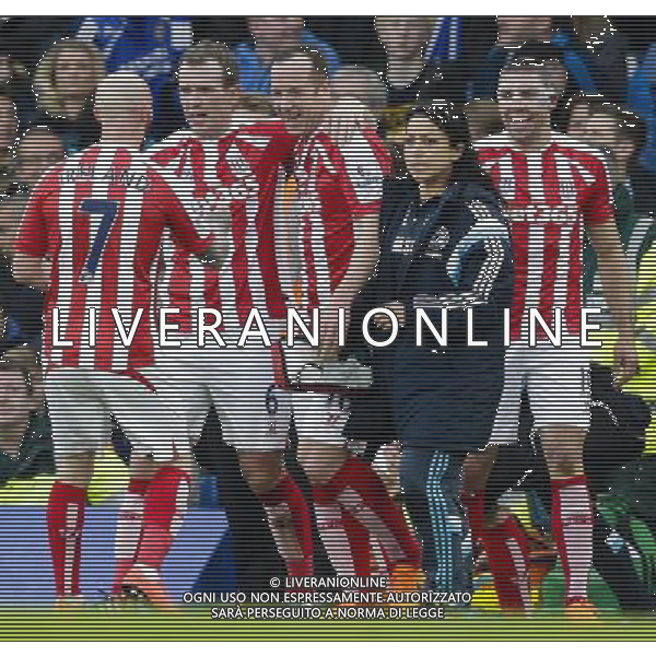 Stoke City players celebrate their sides equalising goal scored by Charlie Adam (2nd from right) to make the score 1-1 Photographer Craig Mercer/CameraSport Football - Barclays Premiership - Chelsea v Stoke City - Saturday 4th April 2015 - Stamford Bridge - London © CameraSport - 43 Linden Ave. Countesthorpe. Leicester. England. LE8 5PG - Tel: +44 (0) 116 277 4147 - admin@camerasport.com - www.camerasport.com