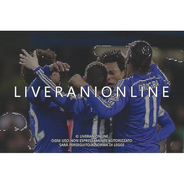 Chelsea players celebrate their sides second goal, scored by Loic Remy (2nd from right) Photographer Craig Mercer/CameraSport Football - Barclays Premiership - Chelsea v Stoke City - Saturday 4th April 2015 - Stamford Bridge - London © CameraSport - 43 Linden Ave. Countesthorpe. Leicester. England. LE8 5PG - Tel: +44 (0) 116 277 4147 - admin@camerasport.com - www.camerasport.com