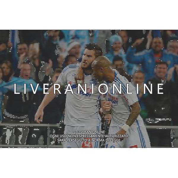 Joie Andre Pierre GIGNAC / Andre AYEW - 05.04.2015 - Marseille / Paris Saint Germain - 31eme journee de Ligue 1 Photo : Gaston Petrelli / Icon Sport AG ALDO LIVERANI SAS ONLY ITALY