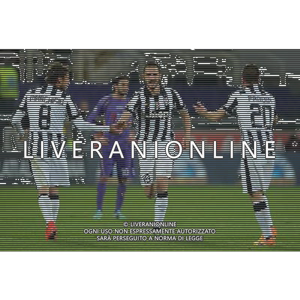 Coppa Italia TIM Cup 2014/2015 Semifinale Ritorno Firenze - 07.04.2015 Fiorentina-Juventus Nella Foto: esultanza dopo il gol di leonardo bonucci del 0-3 con Marchisio e Padoin /Ph.Vitez-Ag. Aldo Liverani