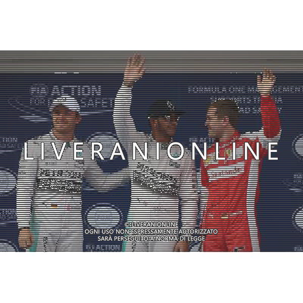 Pole for Lewis Hamilton (GBR) Mercedes AMG F1 2nd for Nico Rosberg (GER) Mercedes AMG F1 and 3rd for Sebastian Vettel (GER) Ferrari. 11.04.2015. Formula 1 World Championship, Rd 3, Chinese Grand Prix, Shanghai, China, Qualifying Day. AG ALDO LIVERANI SAS ONLY ITALY