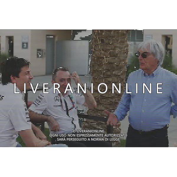 (L to R): Toto Wolff (GER) Mercedes AMG F1 Shareholder and Executive Director with Paddy Lowe (GBR) Mercedes AMG F1 Executive Director (Technical) and Bernie Ecclestone (GBR). 16.04.2015. Formula 1 World Championship, Rd 4, Bahrain Grand Prix, Sakhir, Bahrain, Preparation Day. AG ALDO LIVERANI SAS ONLY ITALY
