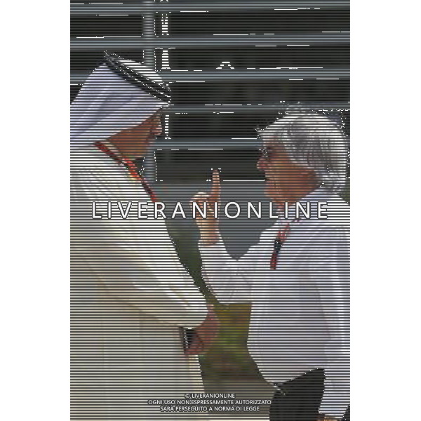 (L to R): Sheikh Mohammed bin Essa Al Khalifa (BRN) CEO of the Bahrain Economic Development Board and McLaren Shareholder with Bernie Ecclestone (GBR). 17.04.2015. Formula 1 World Championship, Rd 4, Bahrain Grand Prix, Sakhir, Bahrain, Practice Day /Agenzia Aldo Liverani Sas - ITALY ONLY - EDITORIAL USE ONLY - PROVE LIBERE