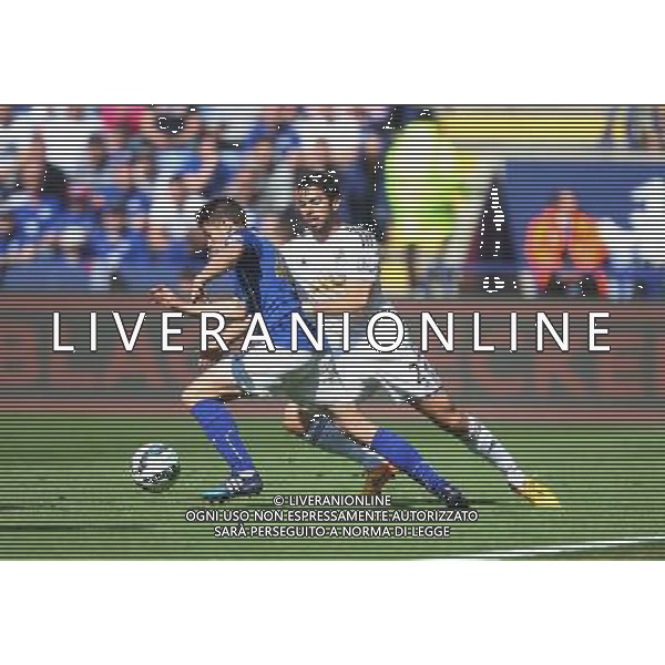 Leicester City\'s Andrej Kramaric (L) and Swansea City\'s Jordi Amat in action during todays match Photographer Jack Phillips/CameraSport Football - Barclays Premiership - Leicester City v Swansea City - Saturday 18th April 2015 - King Power Stadium - Leicester © CameraSport - 43 Linden Ave. Countesthorpe. Leicester. England. LE8 5PG - Tel: +44 (0) 116 277 4147 - admin@camerasport.com - www.camerasport.com AG ALDO LIVERANI SAS ONLY ITALY