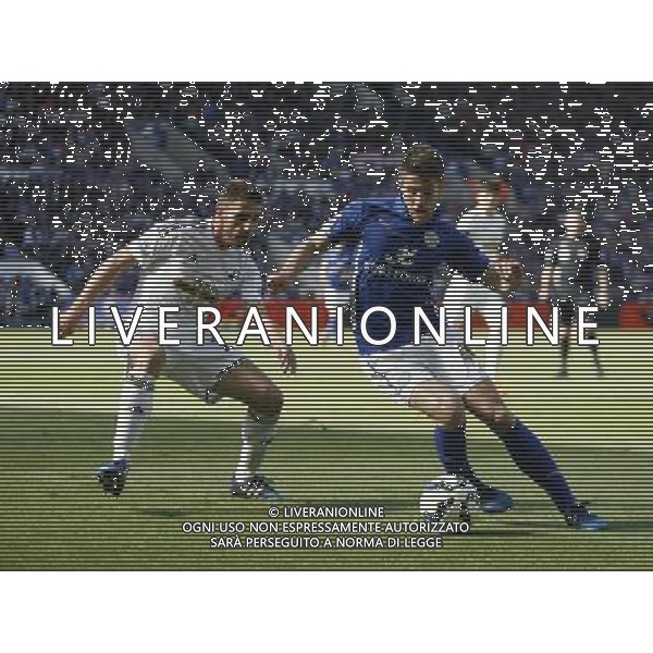Leicester City\'s Andrej Kramaric (R) and Swansea City\'s Angel Rangel in action during todays match Photographer Jack Phillips/CameraSport Football - Barclays Premiership - Leicester City v Swansea City - Saturday 18th April 2015 - King Power Stadium - Leicester © CameraSport - 43 Linden Ave. Countesthorpe. Leicester. England. LE8 5PG - Tel: +44 (0) 116 277 4147 - admin@camerasport.com - www.camerasport.com AG ALDO LIVERANI SAS ONLY ITALY