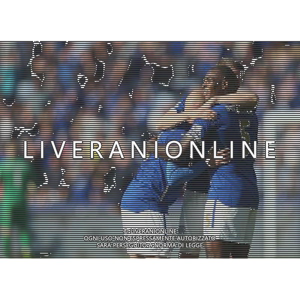 Leicester City\'s Esteban Cambiasso (L), Robert Huth and Wes Morgan (R) celebrate at the end of the match Photographer Jack Phillips/CameraSport Football - Barclays Premiership - Leicester City v Swansea City - Saturday 18th April 2015 - King Power Stadium - Leicester © CameraSport - 43 Linden Ave. Countesthorpe. Leicester. England. LE8 5PG - Tel: +44 (0) 116 277 4147 - admin@camerasport.com - www.camerasport.com AG ALDO LIVERANI SAS ONLY ITALY