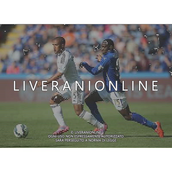 Swansea City\'s Wayne Routledge (L) and Leicester City\'s Jeffrey Schlupp in action during todays match Photographer Jack Phillips/CameraSport Football - Barclays Premiership - Leicester City v Swansea City - Saturday 18th April 2015 - King Power Stadium - Leicester © CameraSport - 43 Linden Ave. Countesthorpe. Leicester. England. LE8 5PG - Tel: +44 (0) 116 277 4147 - admin@camerasport.com - www.camerasport.com AG ALDO LIVERANI SAS ONLY ITALY