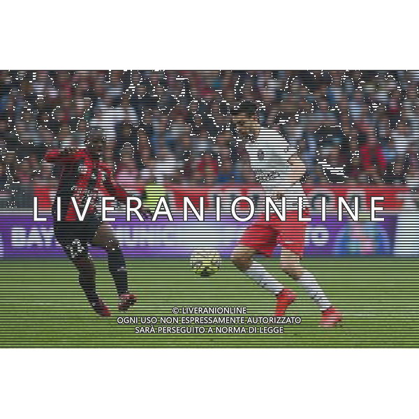 Javier PASTORE / Nampalys MENDY - 18.04.2015 - Nice / Paris Saint Germain - 33eme journee de Ligue 1 Photo : Serge Haouzi / Icon Sport /Agenzia Aldo Liverani sas - ITALY ONLY - EDITORIAL USE ONLY