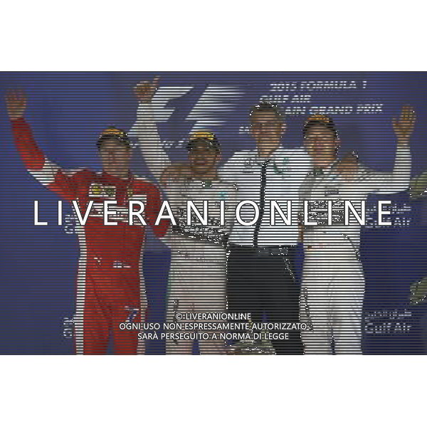 1st place for Lewis Hamilton (GBR) Mercedes AMG F1 W06, 2nd for Kimi Raikkonen (FIN) Ferrari SF15-T and 3rd place for Nico Rosberg (GER) Mercedes AMG F1. 19.04.2015. Formula 1 World Championship, Rd 4, Bahrain Grand Prix, Sakhir, Bahrain, Race Day. /Agenzia Aldo Liverani sas - ITALY ONLY - EDITORIAL USE ONLY - GARA