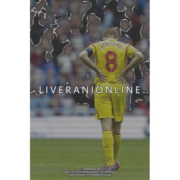 Liverpool\'s Steven Gerrard looks dejected as he as he heads for the exit at the final whistle after his side lost 2-1 Photographer Craig Mercer/CameraSport Football - The FA Cup Semi-Final - Aston Villa v Liverpool - Sunday 19th April 2015 - Wembley - London © CameraSport - 43 Linden Ave. Countesthorpe. Leicester. England. LE8 5PG - Tel: +44 (0) 116 277 4147 - admin@camerasport.com - www.camerasport.com /Agenzia Aldo Liverani Sas - ITALY ONLY - EDITORIAL USE ONLY