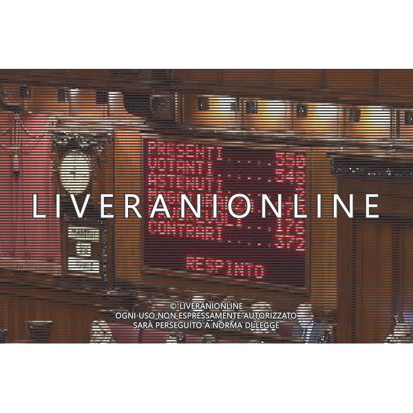 Esame e Votazione alla Camera delle questioni pregiudiziali riferite al disegno di legge elettorale -Roma 28 aprile 2015 nella foto il tabellone con il risultato della votazione ©Corradetti/Agenzia Aldo Liverani Sas