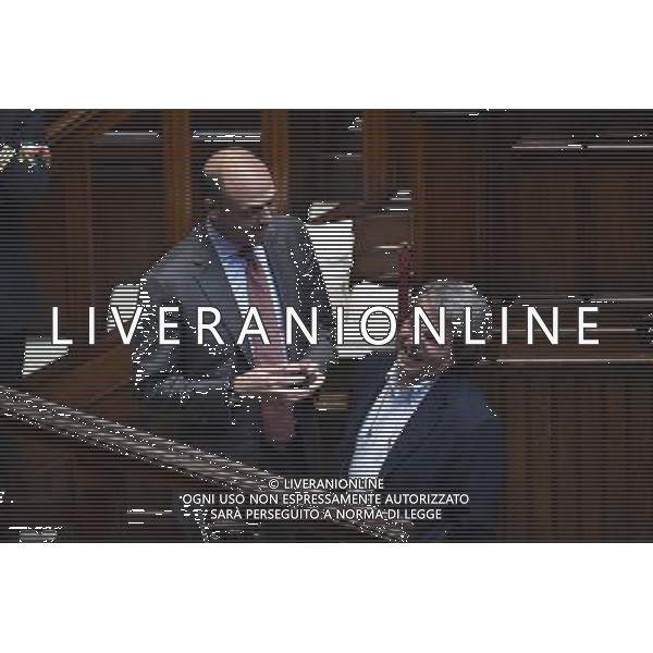 Esame e Votazione alla Camera delle questioni pregiudiziali riferite al disegno di legge elettorale - Roma 28 aprile 2015 nella foto Angelino Alfano con Renato Brunetta ©Corradetti/Agenzia Aldo Liverani Sas