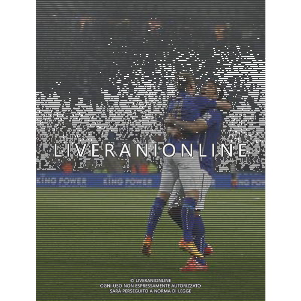 Leicester City\'s Marc Albrighton (L) celebrates scoring his sides first goal Photographer Jack Phillips/CameraSport Football - Barclays Premiership - Leicester City v Chelsea - Wednesday 29th April 2015 - King Power Stadium - Leicester © CameraSport - 43 Linden Ave. Countesthorpe. Leicester. England. LE8 5PG - Tel: +44 (0) 116 277 4147 - admin@camerasport.com - www.camerasport.com /Agenzia Aldo Liverani sas - ITALY ONLY - EDITORIAL USE ONLY