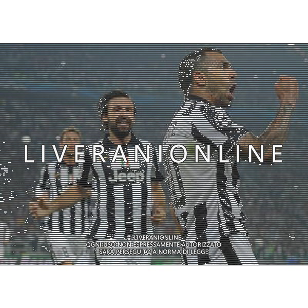 UEFA Champions League 2014/2015 Semifinale Andata Torino- 05.05.2015 Juventus-Real Madrid Nella Foto: esultanza dopo il gol su rigore di carlos tevez del 2-1 con andrea pirlo /Ph.Vitez-Ag. Aldo Liverani