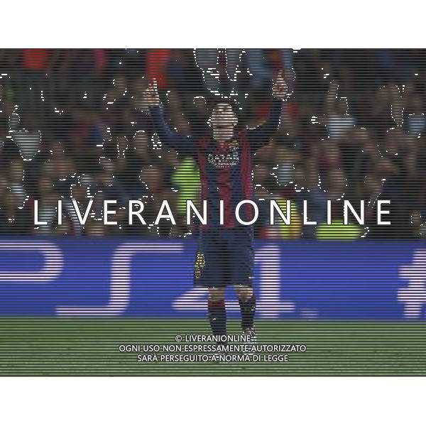firo Fu§ball, Fussball, 06.05.2015 Uefa Champions League, CL Saison 2014/2015 CHL Halbfinale, Hinspiel FCB FC Barcelona - FCB FC Bayern MŸnchen Muenchen Barca Lionel Messi, Jubel Freude Spa§ lacht Lachen Emotion Torjubel Gestik Geste /AGENZIA ALDO LIVERANI SAS - ITALY ONLY - EDITORIAL USE ONLY - Barcellona Vs Bayern Monaco semifinale andata champions League 06 maggio 2015