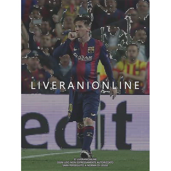 firo Fu§ball, Fussball, 06.05.2015 Uefa Champions League, CL Saison 2014/2015 CHL Halbfinale, Hinspiel FCB FC Barcelona - FCB FC Bayern MŸnchen Muenchen Barca Lionel Messi, Jubel Freude Spa§ lacht Lachen Emotion Torjubel Gestik Geste, baby schnuller /AGENZIA ALDO LIVERANI SAS - ITALY ONLY - EDITORIAL USE ONLY - Barcellona Vs Bayern Monaco semifinale andata champions League 06 maggio 2015