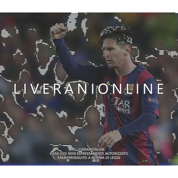 firo Fu§ball, Fussball, 06.05.2015 Uefa Champions League, CL Saison 2014/2015 CHL Halbfinale, Hinspiel FCB FC Barcelona - FCB FC Bayern MŸnchen Muenchen Barca Lionel Messi, Jubel Freude Spa§ lacht Lachen Emotion Torjubel Gestik Geste /AGENZIA ALDO LIVERANI SAS - ITALY ONLY - EDITORIAL USE ONLY - Barcellona Vs Bayern Monaco semifinale andata champions League 06 maggio 2015