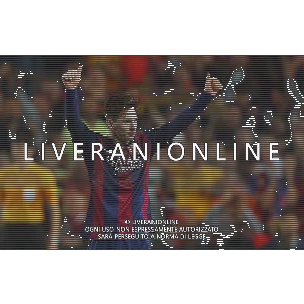 firo Fu§ball, Fussball, 06.05.2015 Uefa Champions League, CL Saison 2014/2015 CHL Halbfinale, Hinspiel FCB FC Barcelona - FCB FC Bayern MŸnchen Muenchen Barca Lionel Messi, Jubel Freude Spa§ lacht Lachen Emotion Torjubel Gestik Geste, halbe figur /AGENZIA ALDO LIVERANI SAS - ITALY ONLY - EDITORIAL USE ONLY - Barcellona Vs Bayern Monaco semifinale andata champions League 06 maggio 2015