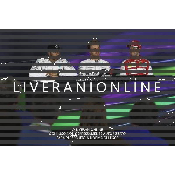 The post race FIA Press Conference (L to R): Lewis Hamilton (GBR) Mercedes AMG F1, second; Nico Rosberg (GER) Mercedes AMG F1, pole position; Sebastian Vettel (GER) Ferrari, third. 09.05.2015. Formula 1 World Championship, Rd 5, Spanish Grand Prix, Barcelona, Spain, Qualifying Day. AG ALDO LIVERANI SAS ONLY ITALY