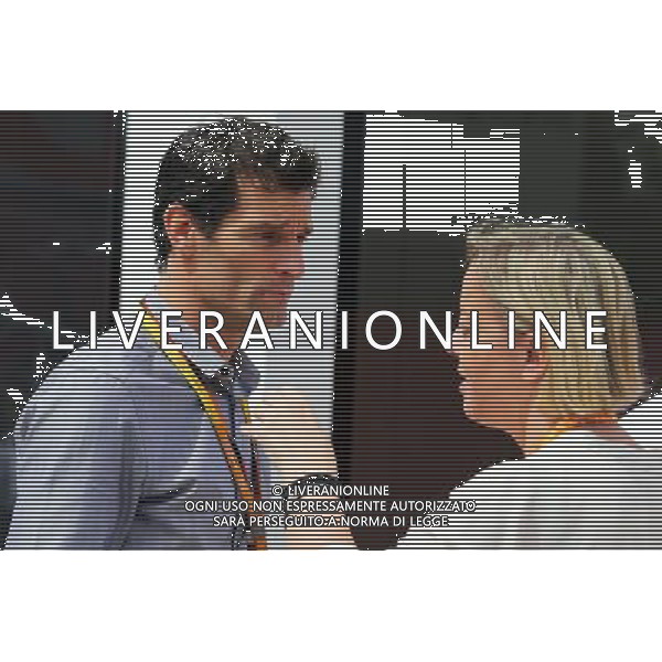 (L to R): Mark Webber (AUS) Porsche Team WEC Driver with Sabine Kehm (GER) Manager of Michael Schumacher (GER). 10.05.2015. Formula 1 World Championship, Rd 5, Spanish Grand Prix, Barcelona, Spain, Race Day. AG ALDO LIVERANI SAS ONLY ITALY