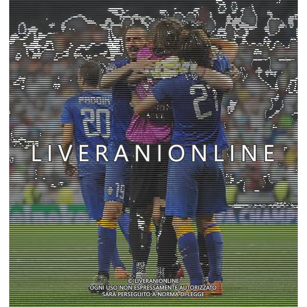 UEFA Champions League 2014/2015 Semifinale Ritorno Madrid - 13.05.2015 Real Madrid-Juventus Nella Foto: abbraccio esultanza di gianluigi buffon, andrea pirlo e leonardo bonucci a fine gara /Ph.Vitez-Ag. Aldo Liverani