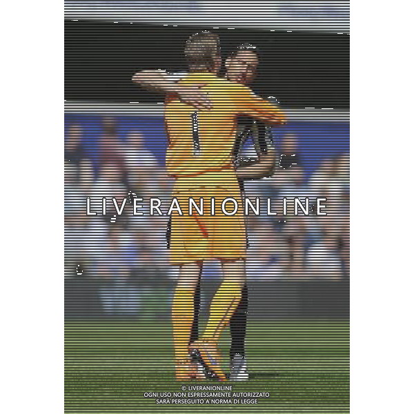 Newcastle United\'s Jonas Gutierrez (right) celebrates with Tim Krul after they take a 1-0 lead Photographer Ashley Western/CameraSport Football - Barclays Premiership - Queens Park Rangers v Newcastle United - Saturday 16th May 2015 - Loftus Road - London © CameraSport - 43 Linden Ave. Countesthorpe. Leicester. England. LE8 5PG - Tel: +44 (0) 116 277 4147 - admin@camerasport.com - www.camerasport.com AG ALDOL IVERANI SAS ONLY ITALY