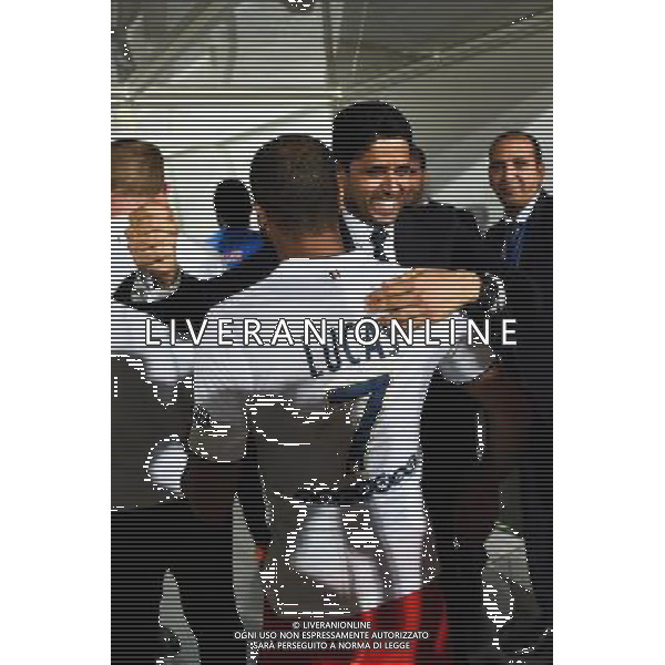 Joie PSG Champion - Lucas MOURA / Nasser AL KHELAIFI - 16.05.2015 - Montpellier / Paris Saint Germain - 37eme journee de Ligue 1 Photo : Alexandre Dimou / Icon Sport AG ALDO LIVERANI SAS ONLY ITALY